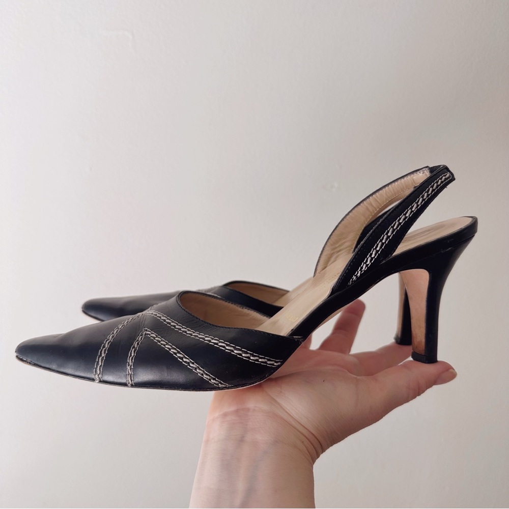 Vintage • Amalfi Slingback Stitch Kitten Heels in Black Leather